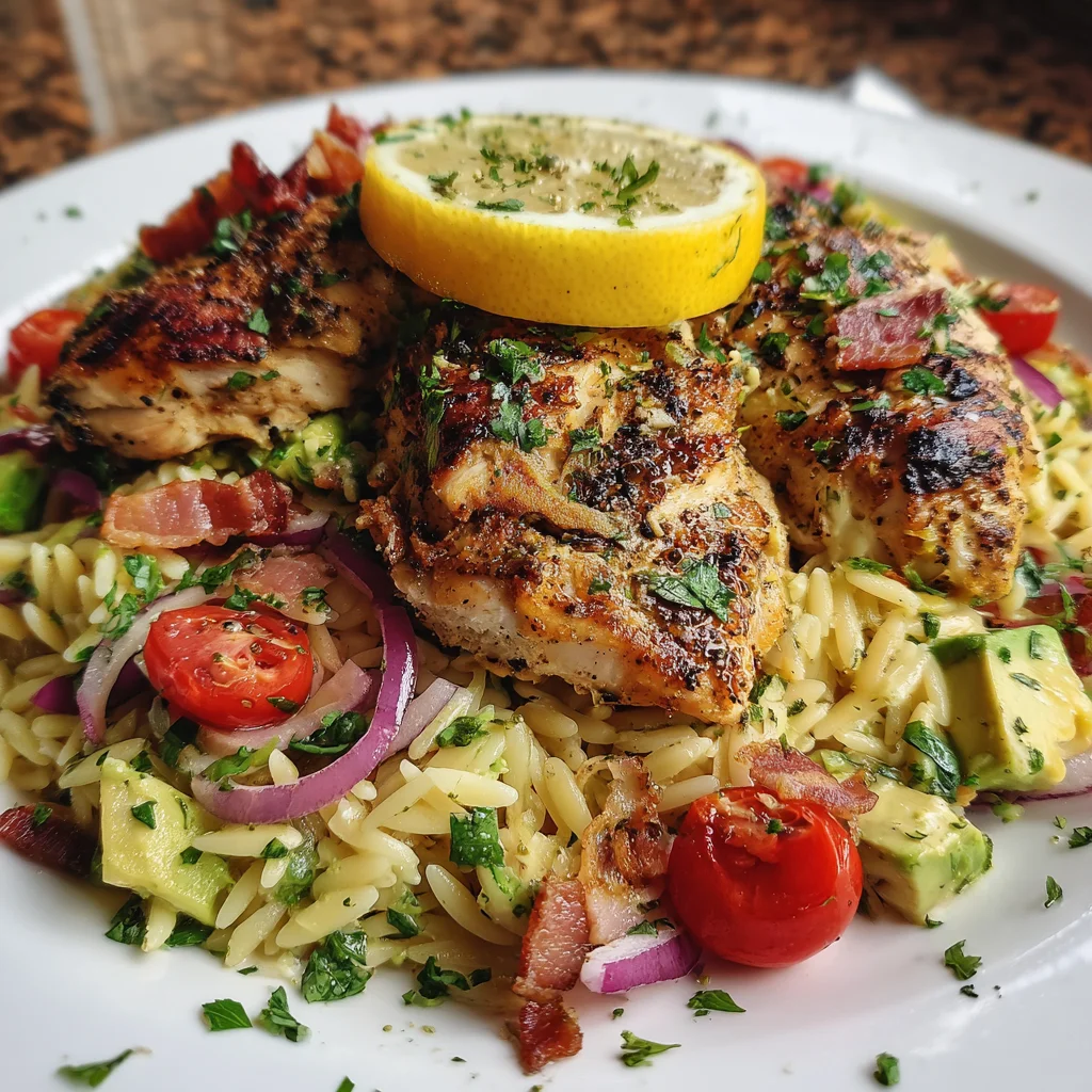 Grilled Lemon Herb Chicken Avocado Orzo Salad Delight Awaits!