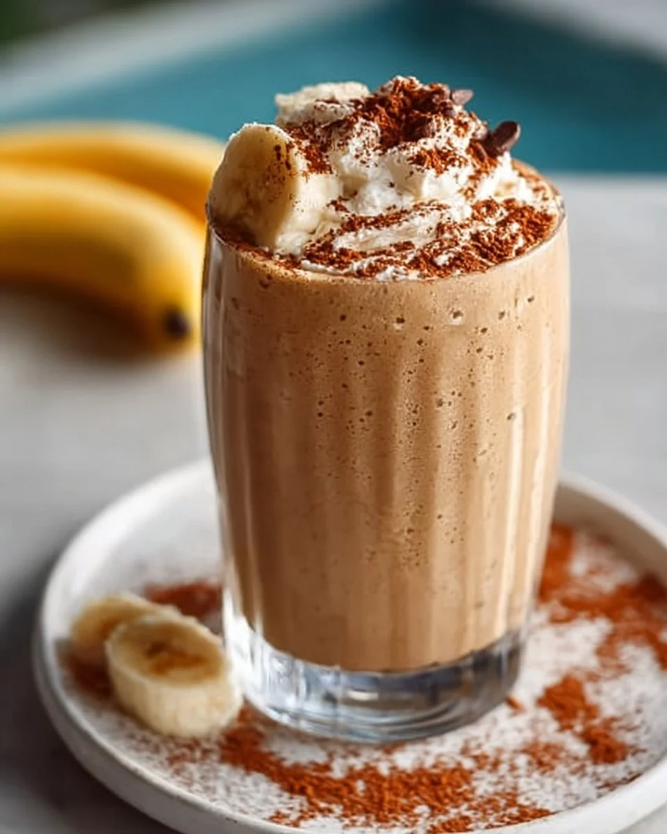 Banana protein coffee smoothie in a glass topped with whipped cream.