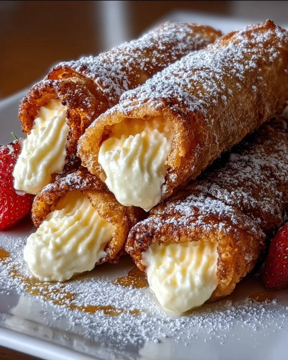 Crispy cheesecake egg rolls filled with rich cream cheese and served with a sweet dipping sauce