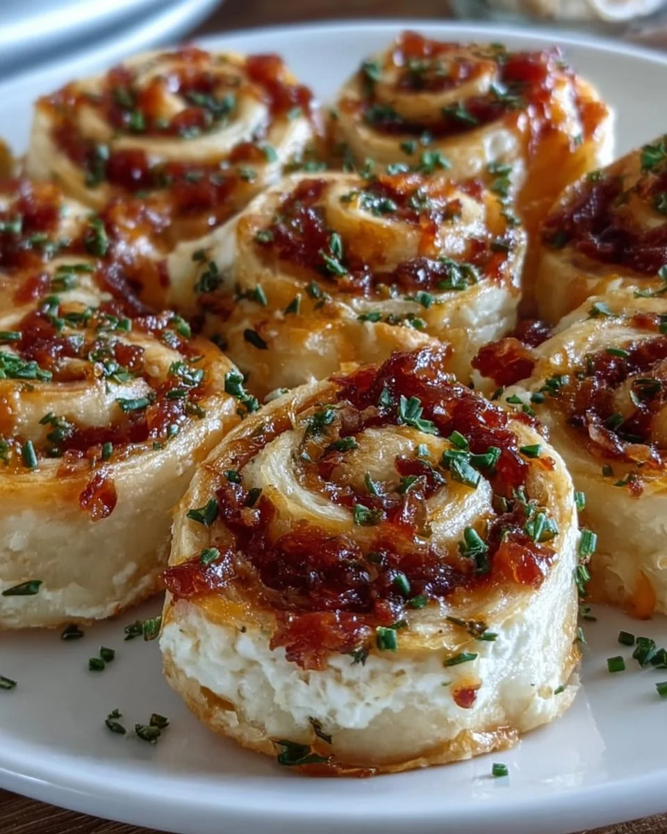 Delicious pepper jelly cream cheese pinwheels on a platter