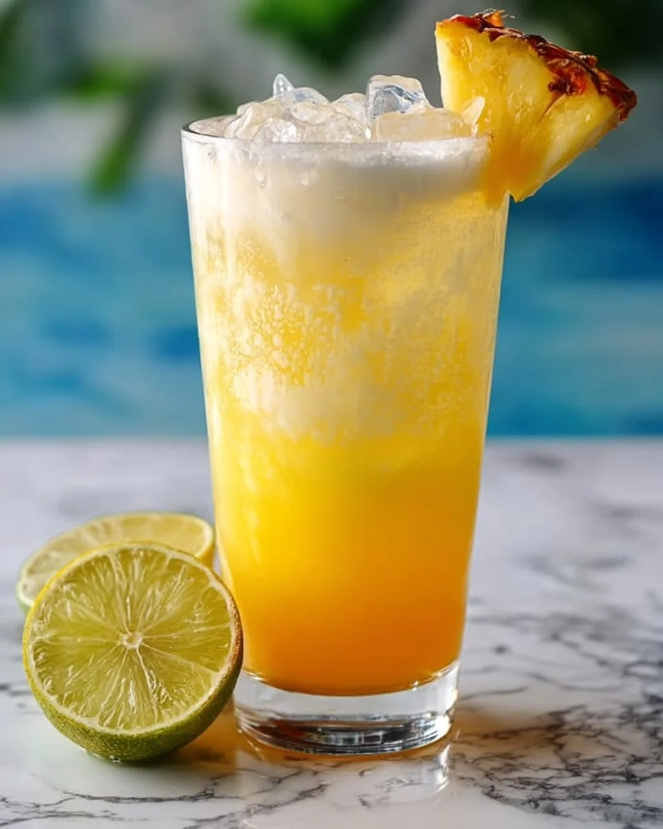 Tropical Thunder Dirty Soda served in a colorful cup with tropical fruits.